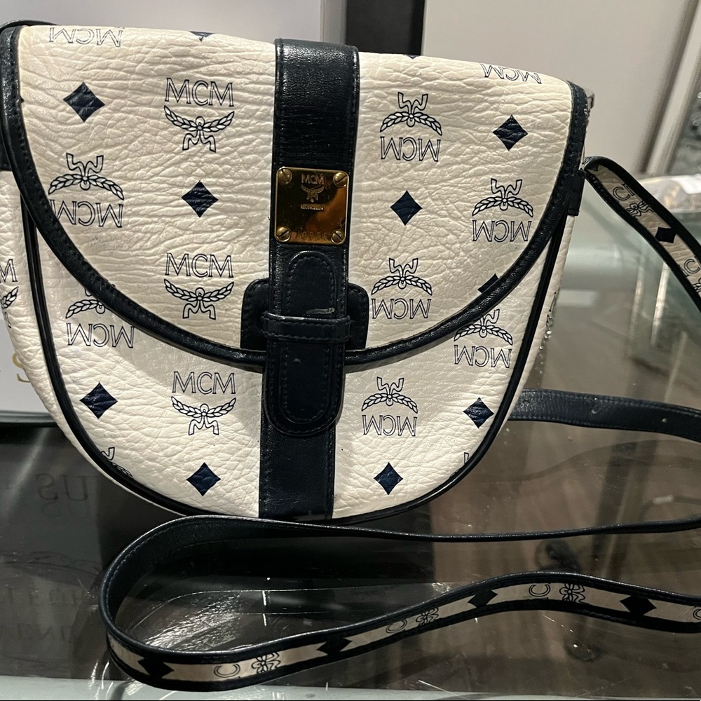 Vintage White and Navy crossbody MCM Bag